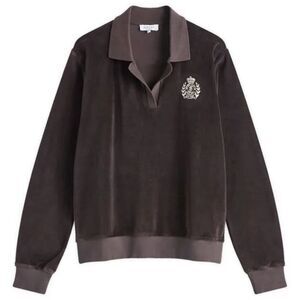 Sporty & Rich Amanda Velour Polo Sweatshirt Brown Crest Logo Portugal Sz M